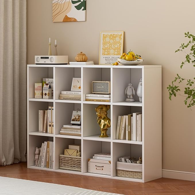 OSCHF 12-Cube Storage Shelf Bookcase - Wooden 3-Tier Floor Standing Open Bookshelf for Home and Office, Display Cabinet, Warm
