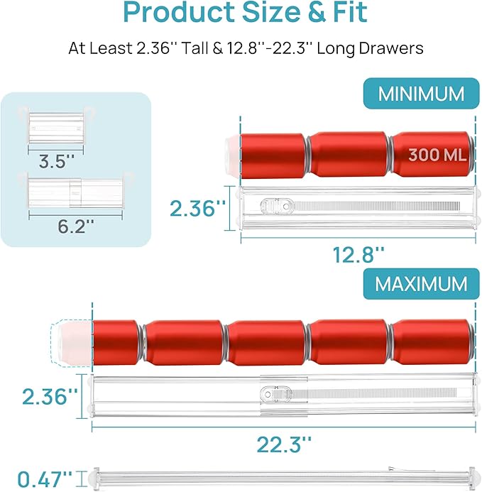 Vtopmart 2.36” Drawer Dividers with Expandable Inserts, 12.8"-22.3" Adjustable Kitchen Drawer Organizer, Clear Plastic Organi