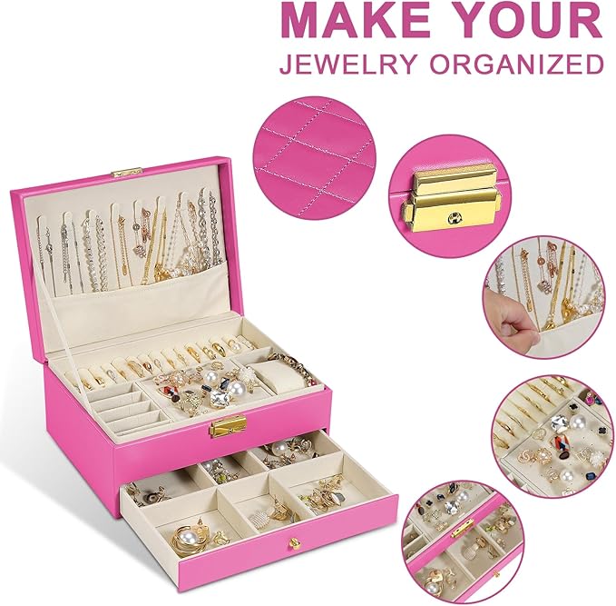 2-Layer Jewelry Box for women, jewelry organizers and storage with Removable Jewelry Tray, vintage quilted top Lockable Jewel