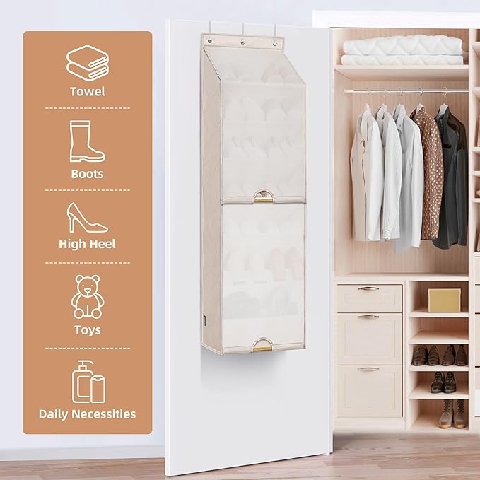 STORAGE MANIAC Over the Door Shoe Organizer with Curtain Dustproof Heavy-Duty Large Deep Pocket Hanging Shoe Organizer for Cl
