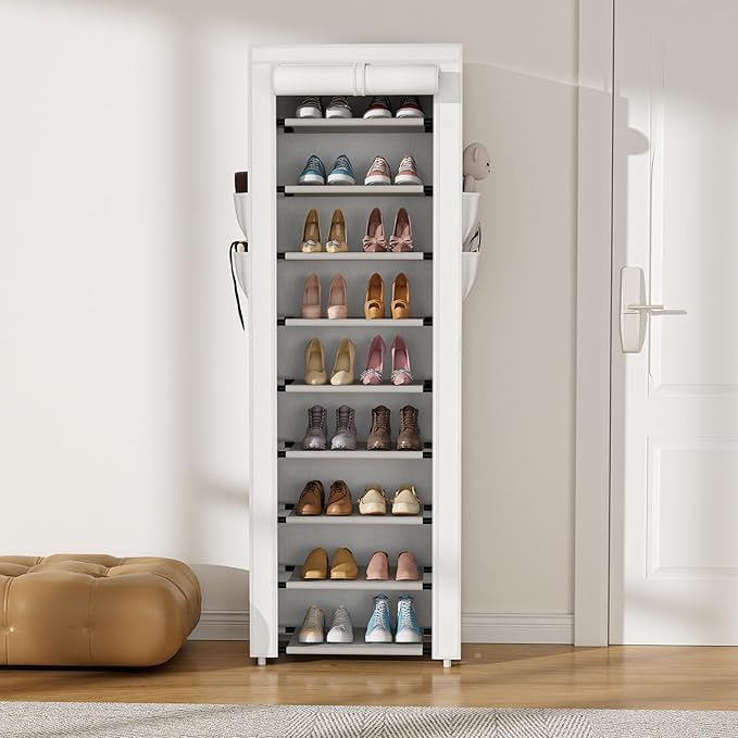 VILICK Shoe Rack with Cover Narrow Shoe Rack Organizer with 4 Side Pockets 10 Tier Tall Shoe Storage Shoe Shelf Holds 18-22 P