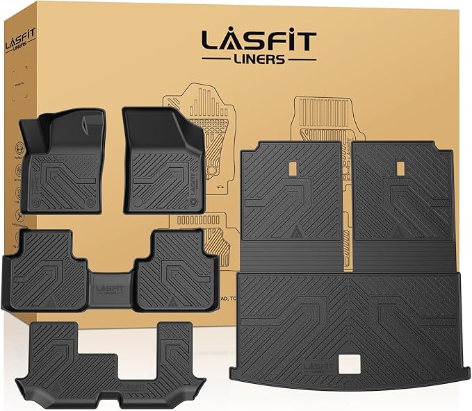 LASFIT Floor Mats for Volkswagen VW Atlas 2019-2026 7 Seats(Bench Seating), All Weather TPE Custom Fit 3 Rows Floor Liners and Backrest & Trunk Mats for VW Atlas Accessories Full Set Car Mats, Black