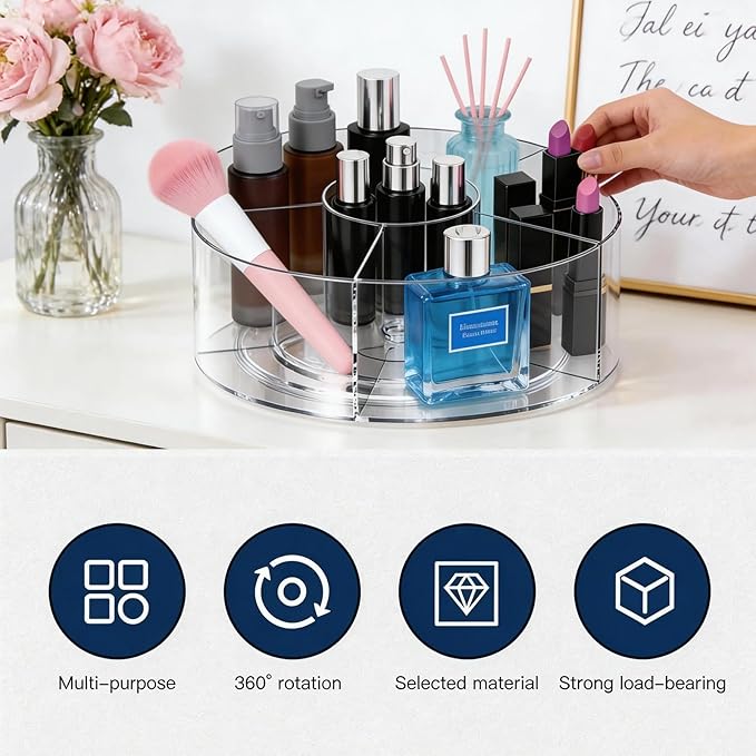 360° Rotating Acrylic Makeup Organizer, Clear Makeup Brush Holder & Pen Holder, Multi-Compartment Rotating Organizer for Cosm