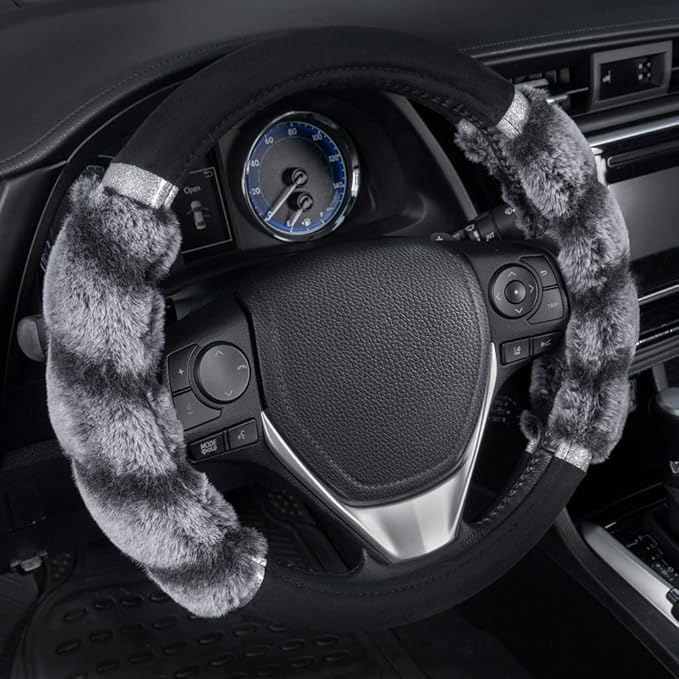 BDK Bear Fur Plush Steering Wheel Cover - Cute Faux Wool Protector for Women Girls Fits Wheels 14.5-15 inch Two Tone Black/Gr