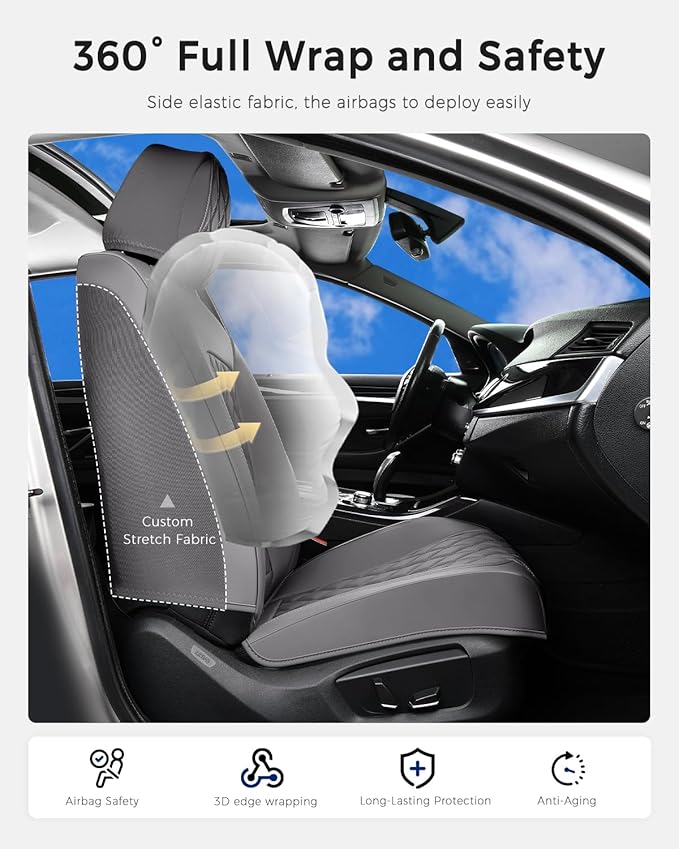 Huidasource Gray Front Seat Covers, Car Seat Covers Front Seats Nappa Leather, Side Elastic Fabric, Compatible with Airbags, 