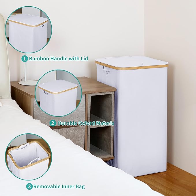 iEGrow 110L Laundry Hamper with Lid，Dirty Clothes Hampers for Laundry,Laundry Basket with Bamboo Handles and Removable Bag,Ha