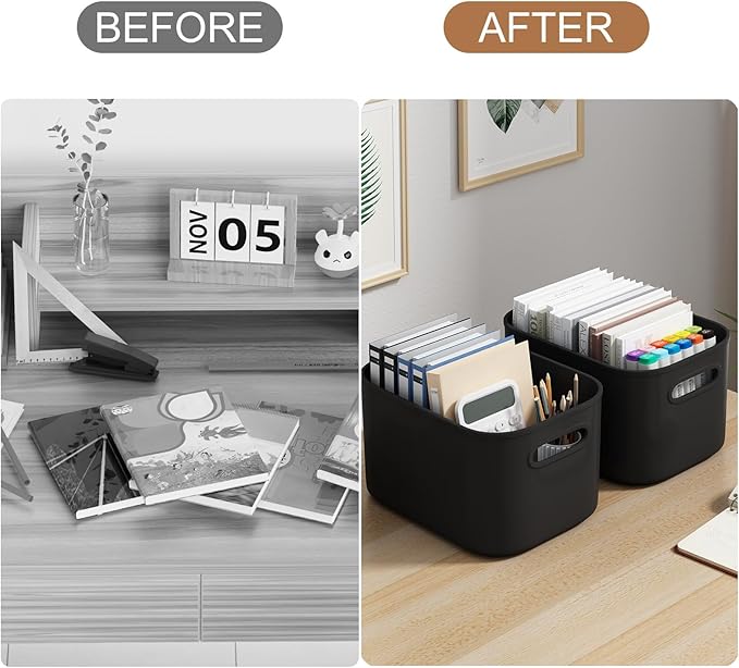 ORGIDOL 6 Pack Black Storage Bins with Lids Stackable Storage Container for Organizing, Black Storage Boxes with Handle for S