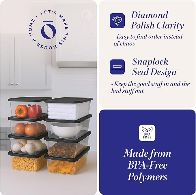HOMZ 10-Pack Snaplock, Small Clear Plastic Storage Organizer Bins w/Lids, 6 Quart, Gray - Stackable Container Boxes for Bedro