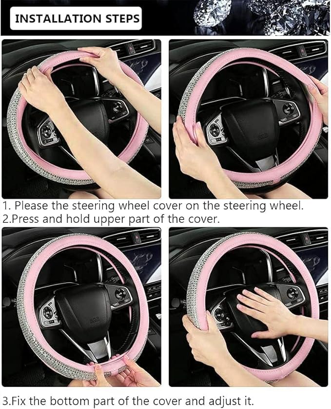 Bling Diamond Leather Steering Wheel Cover, Pink Steering Wheel Covers for Women Girls with Crystal Rhinestones, Universal Fit 14.5“-15" Car Steering Wheel Bling Cover Accessories