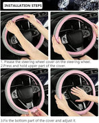 Bling Diamond Leather Steering Wheel Cover, Pink Steering Wheel Covers for Women Girls with Crystal Rhinestones, Universal Fit 14.5“-15" Car Steering Wheel Bling Cover Accessories