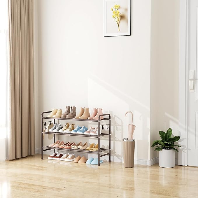 VILICK 3 Tier Shoe Rack 33" Wide Metal Shoe Organizer Long Shoe Storage with 4 Side Hooks Sturdy Shoes Shelf for Front Door E