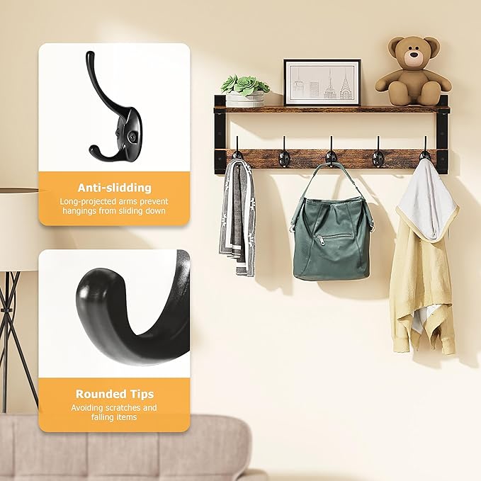 Oraich Coat Rack Wall Mount with Hooks and Shelf for Coat, Backpack, Key, Clothes Hanger, Wall Floating Shelf for Entryway, L