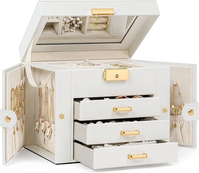 TORIBIO Jewelry Box for Women, Leather Jewelry Organizer with Mirror & Lock, 4-Tier Jewelry Storage Organizer with 3 Drawers 