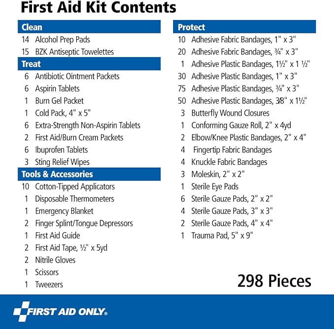 First Aid Only 298 Piece All-Purpose Emergency First Aid Kit for Home, Office, Car, Apartment, Dorm, and Camping, Travel-Frie