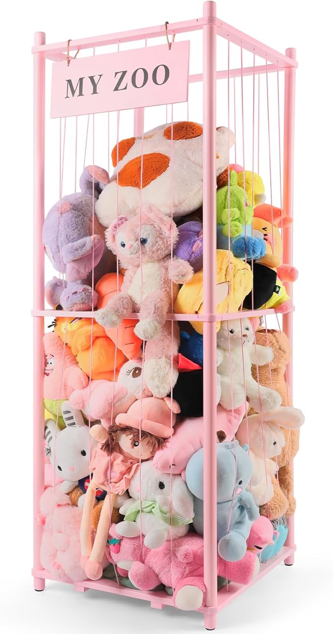 GLDZI Stuffed Animal Storage Zoo, Wooden Stuffed Animal Organizer with Elastic Cords for Boys Girls, Space Saving Toy Plushie