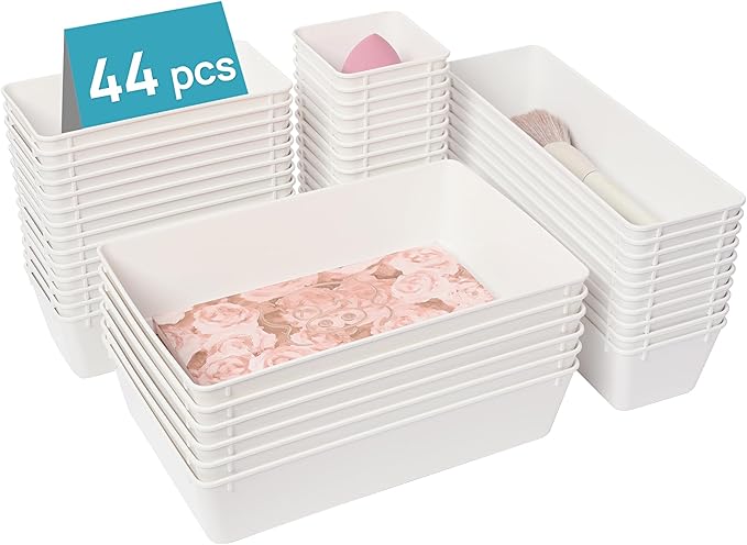 Vtopmart 44 PCS Plastic Drawer Organizers Set, 4-Size Versatile Bathroom and Vanity Organizer Trays, Non-Slip Storage Contain