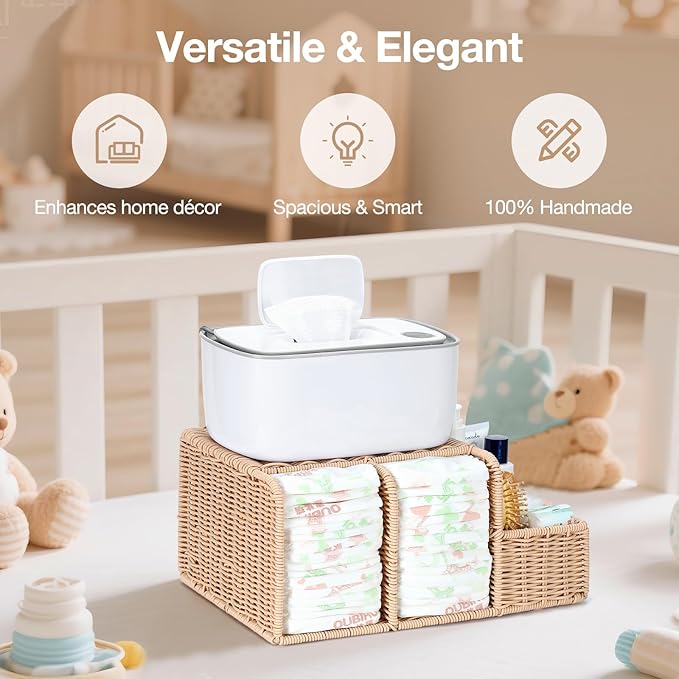 Diaper Caddy Organizer, Hand Rattan Nursery Storage Basket for Baby Essentials, Baby Changing Table Organizer Perfect Nursery