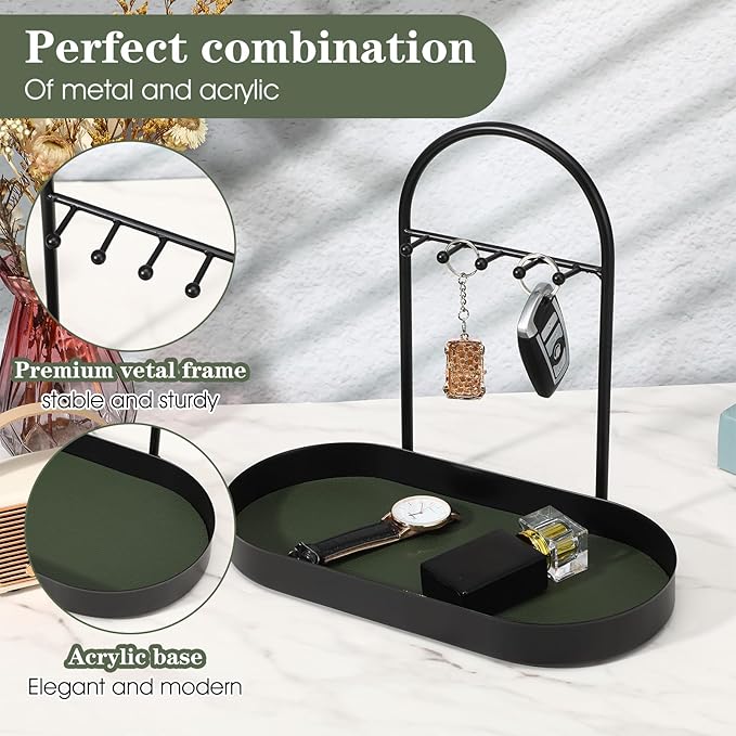 MAQUITA Jewelry Organizer Stand & Key Holder Tray with Acrylic Base, Key Stand and Jewelry Tray with 5 Hooks