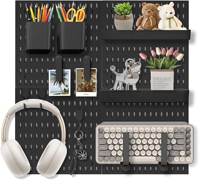 Pegboard Wall Organizer Set – 4 Peg Boards with Hooks & Shelves – Office, Kitchen, Gaming Room Desk Pegboard Storage – Peg Bo