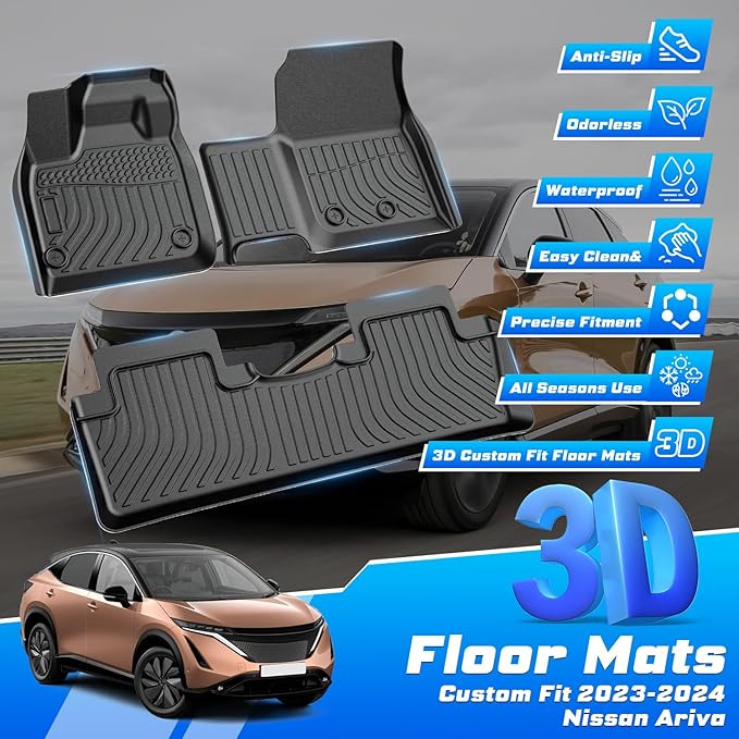 Sunsdrew Floor Mats for 2023-2026 Nissan Ariya Accessories, All Weather Floor Liners Front Rear 2 Rows Car Mats TPE Rubber Raised Edge