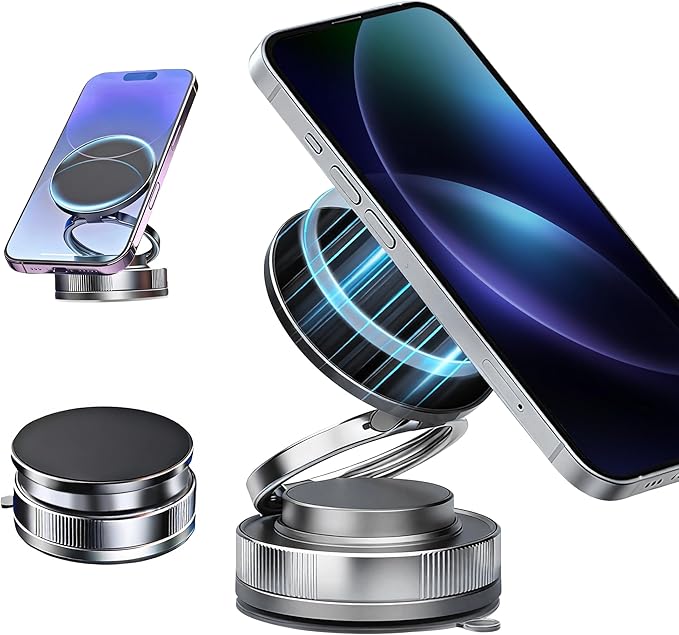 2026 Upgraded Magnetic Car Phone Holder for Magsafe: 360° Rotatable Adjustable Vacuum Car Phone Mount with 180+LBS Suction & 3800gf Magnet, Universal for Car/Gym/Mirror, Fits iPhone & Android