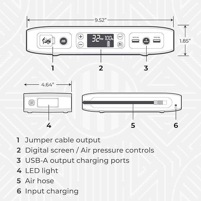 HALO Bolt Air 58830 Portable Car Battery Jump Starter | 100 PSI Air Compressor, 58.8Wh USB Power Bank, Emergency Floodlight