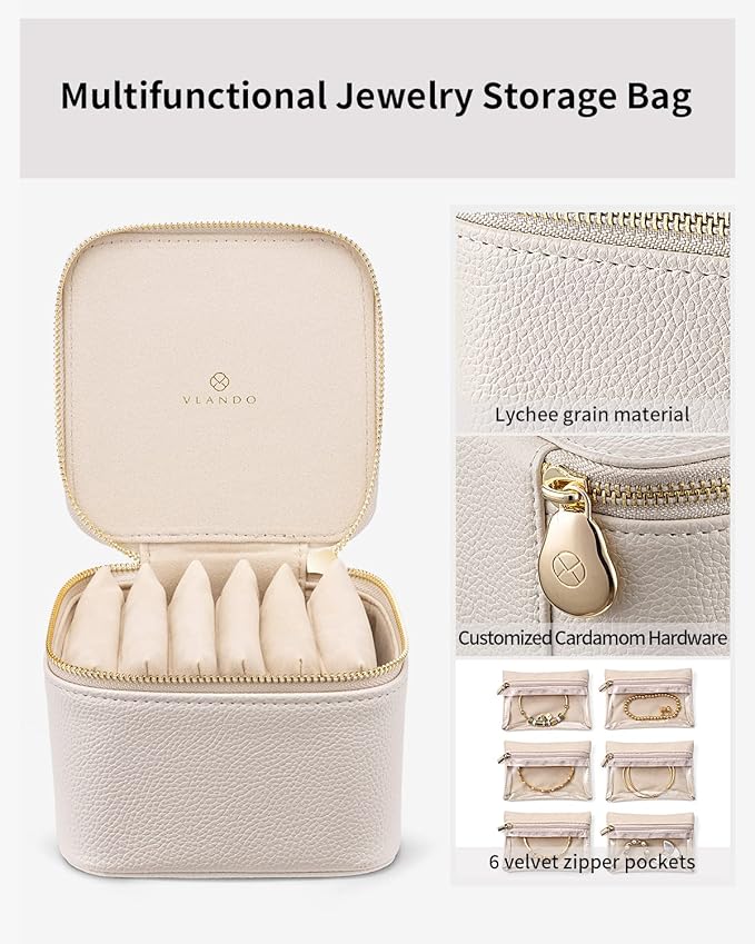 Vlando Jewelry Travel Case,Valentines Gift,Travel Jewelry Organizer with Clear Velvet Jewelry Bags 6Pcs Zipper Pouch for Wome