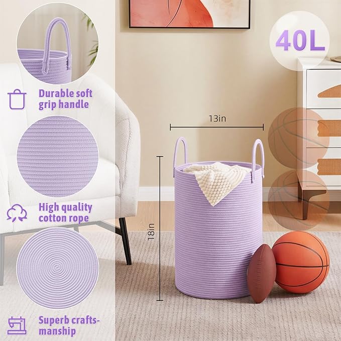 Artfeel Laundry Basket,Woven Cotton Rope Laundry Hamper,40L for Decorative Storage of Dirty Clothes,Toys and Blankets in Bath