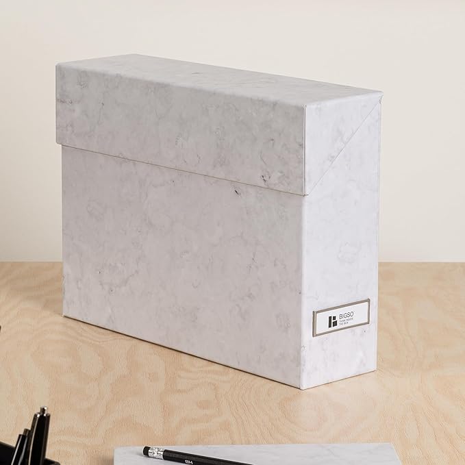 Bigso Lovisa Fiberboard Label Frame 12 File Storage Box - Paperwork Storage Box with Metal Label Holder - Durable Document Or