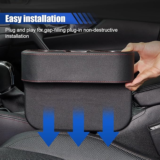 Car Cup Holder, Auto Front Seat Organizer, Multifunctional Cup Drink Holders with PU Leather Cover, Gap Filler Storage Box Coin Bucket Console Side Pocket Cell Mobile Phone Holder (Black)