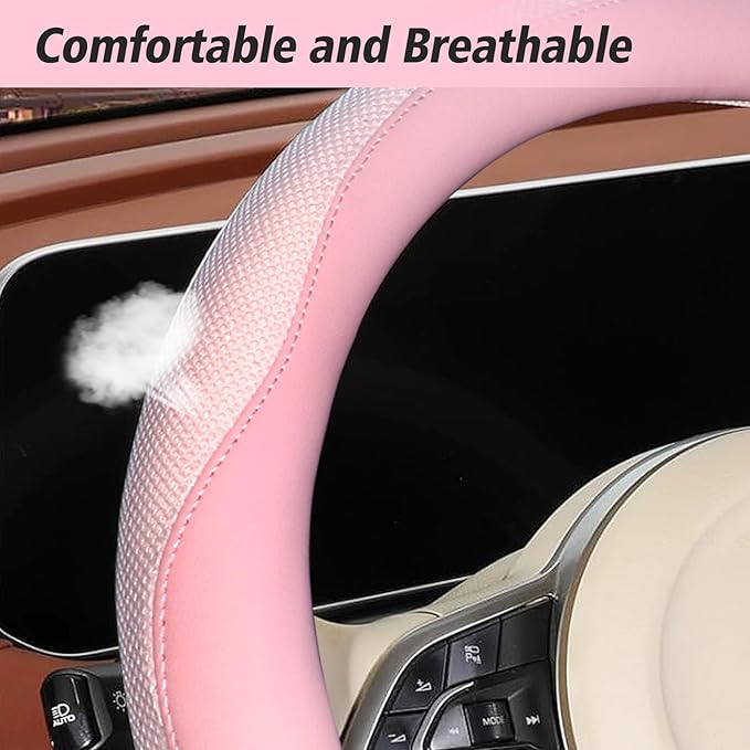 ZHOL Light Pink Steering Wheel Cover, Breathable Microfiber Leather Anti-Slip Cute Car Steering Wheel Cover for Women, Warm i