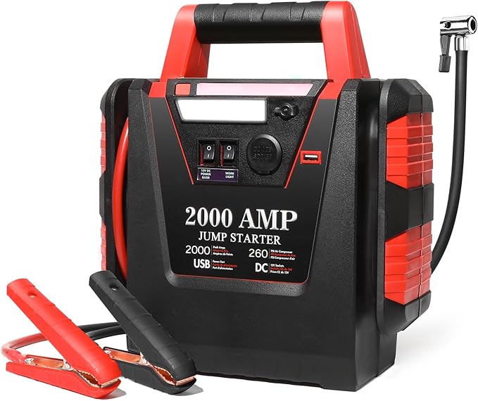 Jump Starter with Air Compressor,2000A Car Battery Jumper Starter 260 PSI Tire Inflator,6 in 1 Auto Lead-Acid Battery