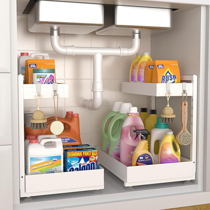 Under Sink Organizer, Bathroom Counter Organizer, 2 Pack 2 Tier L-Shape White, Adjustable Height Carbon Steel, Under Cabinet 