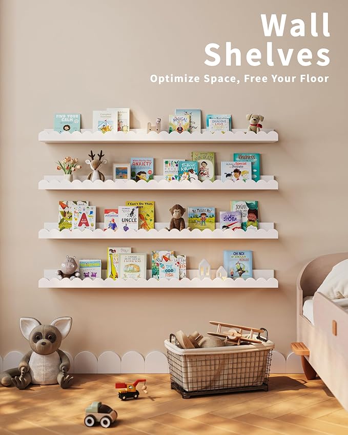 Shario Nursery Book Shelves, 4-Pack White Floating Shelves for Wall Kids, Scalloped Shelves, Wall Book Shelves for Bedroom Ki
