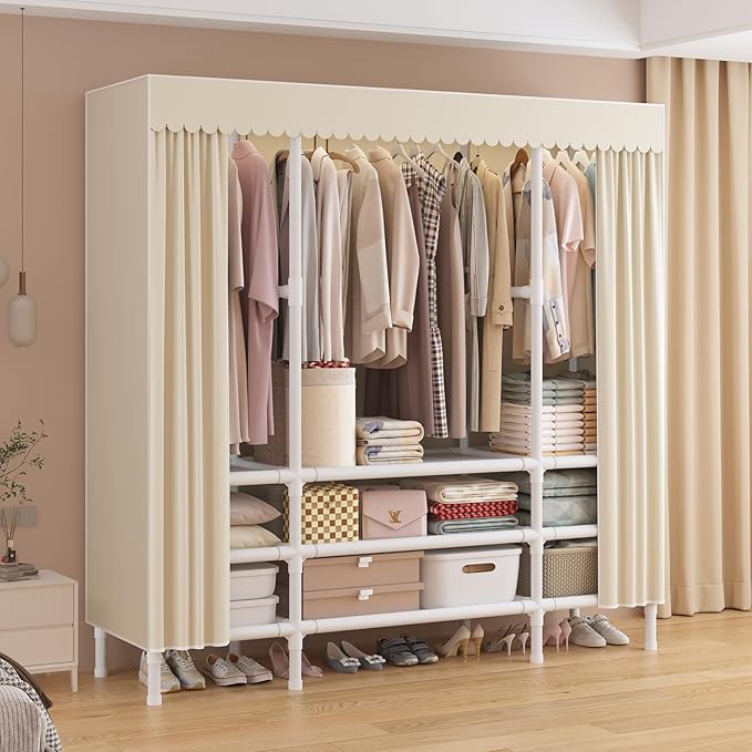 Portable Closet,Garment Rack,Heavy Duty Clothes Rack with Cover,Wardrobe Closet with 3 Hanging Rods, 9 Storage Shelves,55.1" 