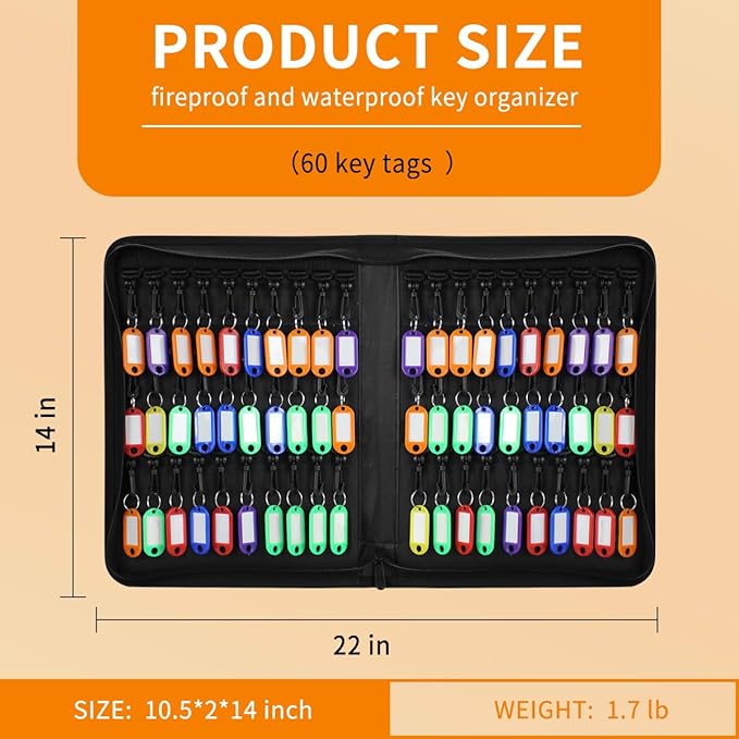 Sdstone Zippered Key Case,Fireproof and Waterproof Key Organizer with 60 Key Tags Key Storage,Portable Manager, Landlord Zipp