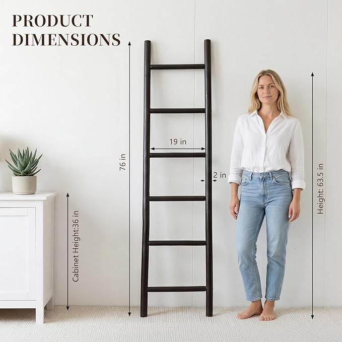 Wooden Blanket Ladder - 76in Natural Wood Color- Leaning Wall Decor for Bedroom, Bathroom, Living Room - Rustic Quilt Holder 