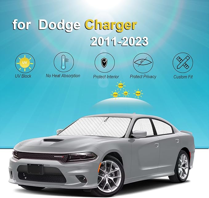 KMF 6pcs Thicken Sun Shades for Dodge Charger 2011-2023 Accessories, Full Car Window Covers Sunshade for Windshield Side Rear, UV Block Black Out Privacy for Car Camping with Storage Bag