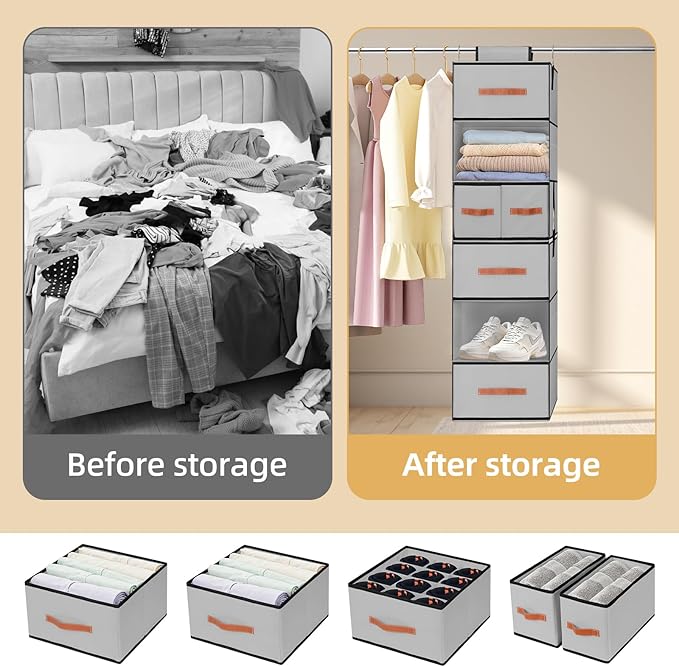 Hanging Closet Organizer 6-Shelf, Upgrade Hanging Shelves for Closet with 5 Removable Drawers & Side Pockets, Hanging Shelf O