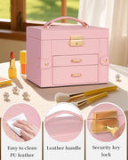 TORIBIO Jewelry Box for Women, Leather Jewelry Organizer with Mirror & Lock, 3-Tier Jewelry Storage Organizer with 2 Drawers 