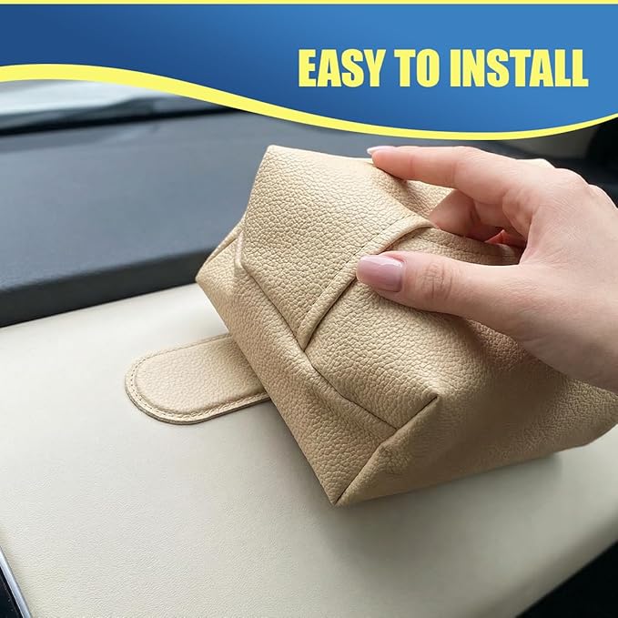Car Tissue Holder, Leather Auto Headrest Hanging Napkin Box with Magnet-Attracting Adhesive Strip, Universal Vehicle Interior Paper Storage Organizer for Sun Visor, Center Console (White)