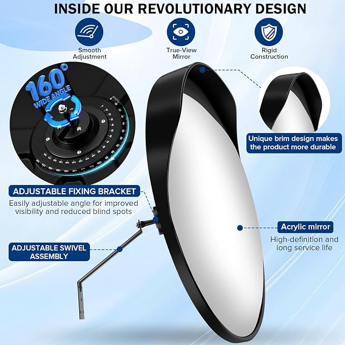 New 24 Inch Acrylic Convex Mirror with Rain-shield - Adjustable Wide Angle View Traffic Mirror Indoor Outdoor, Wall Mounting Blind Spot for Garage Warehouse, School, Store Safety and Office