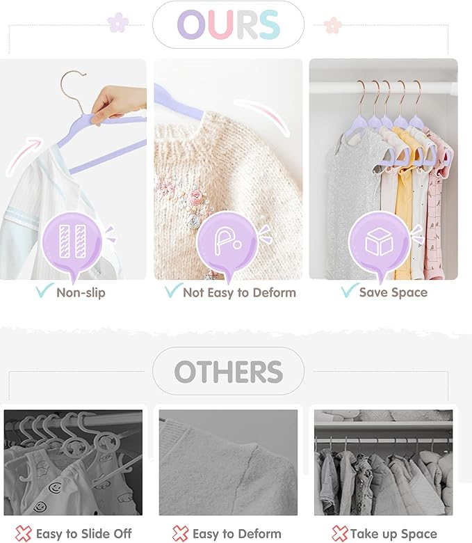 VIS'V Baby Hangers, 11 Inch Velvet Kids Hangers with 6 Pcs Clothes Size Dividers, Infant Toddler Nursery Closet Organization,