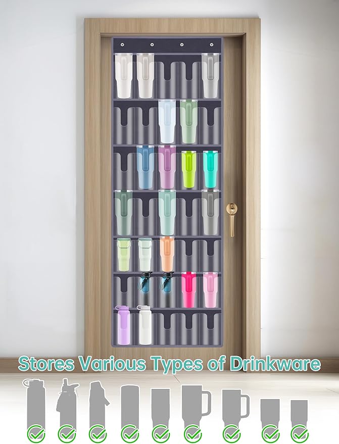 NiHome 35-Pocket Large Capacity Door Cup Organizer Fit for Stanley Tumblers 30/40oz, Door Hanging Water Bottle Storage, Doubl
