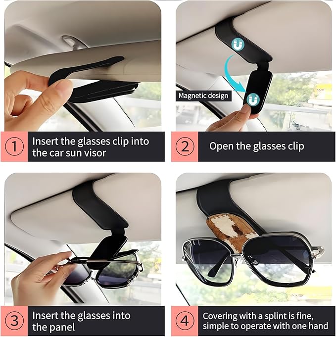 Sunglasses Holder for Car Visor, PU Leather Glasses Clip Organizer, Cute Magnetic Eyeglass Holder for Vehicle Sun Visor, Car Interior Accessory for Women & Men Retro Cow Patch Print