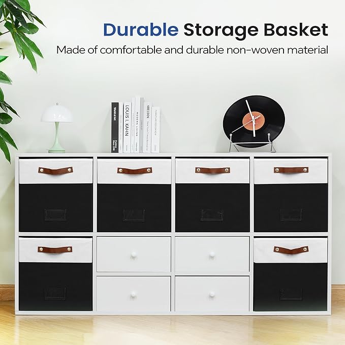 FinishingBo 6-Pack Storage Cubes with Handles & Label Holders Basket, Closet Cube Home Organizer Bins(White/Black, 13 x 13 x 