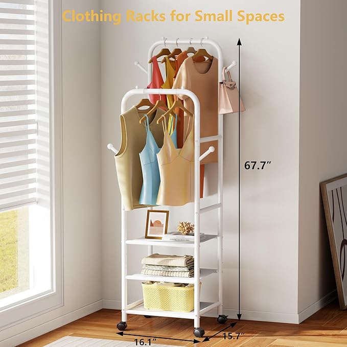 Furologee Portable Clothes Rack for Hanging Clothes, Rolling Clothing Rack With 3-Tier Shelves, Small Garment Rack with Wheel