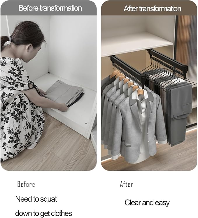 Pull-out clothes rail, Extendable Pull Out Closet Rod, Wardrobe Hanger with Sliding Rail, Wardrobe pull out clothes hanger, B