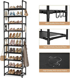 VTRIN 10 Tiers Tall Shoe Rack Holds 20-25 Pairs of Shoes Sturdy Vertical Shoe Organizer with 18pcs Hooks Stackable Narrow Sho