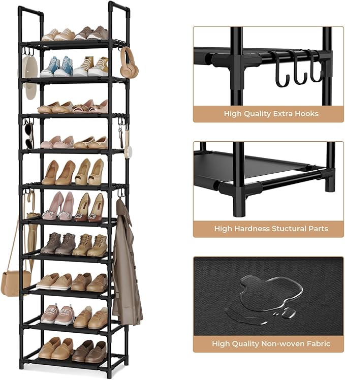 VTRIN 10 Tiers Tall Shoe Rack Holds 20-25 Pairs of Shoes Sturdy Vertical Shoe Organizer with 18pcs Hooks Stackable Narrow Sho